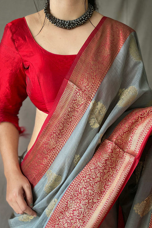 Load image into Gallery viewer, Glamorous Grey Cotton Silk Saree With Winsome Blouse Piece
