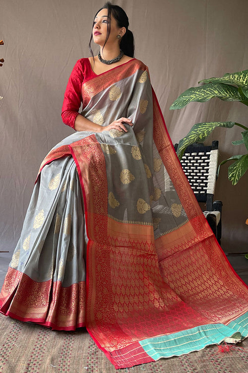 Load image into Gallery viewer, Glamorous Grey Cotton Silk Saree With Winsome Blouse Piece
