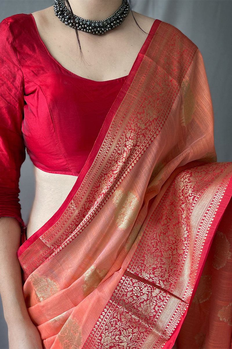 Exquisite Orange Cotton Silk Saree With Pulsating Blouse Piece