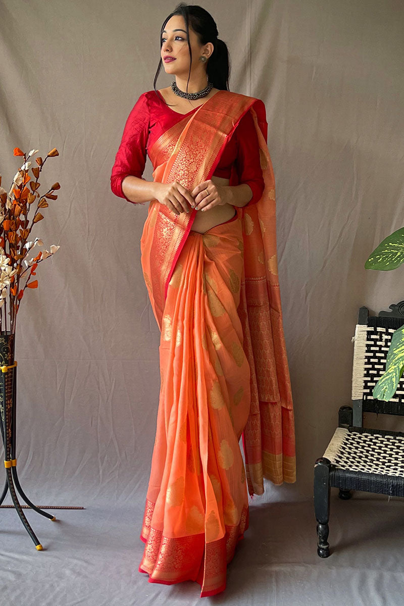 Exquisite Orange Cotton Silk Saree With Pulsating Blouse Piece