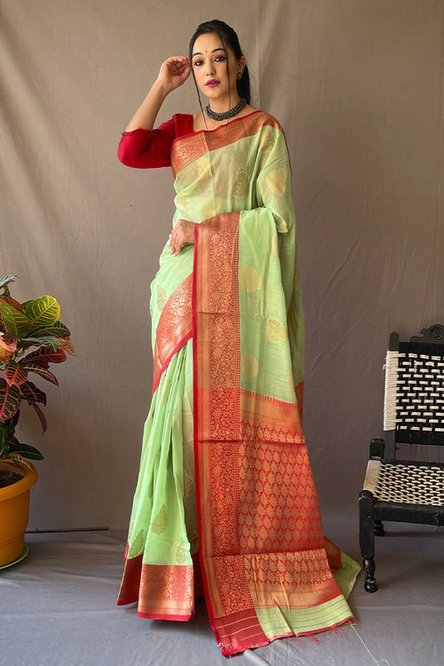 Load image into Gallery viewer, Luminous Pista Cotton Silk Saree With Embellished Blouse Piece
