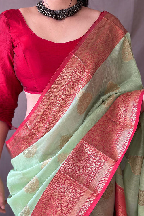 Load image into Gallery viewer, Luminous Pista Cotton Silk Saree With Embellished Blouse Piece
