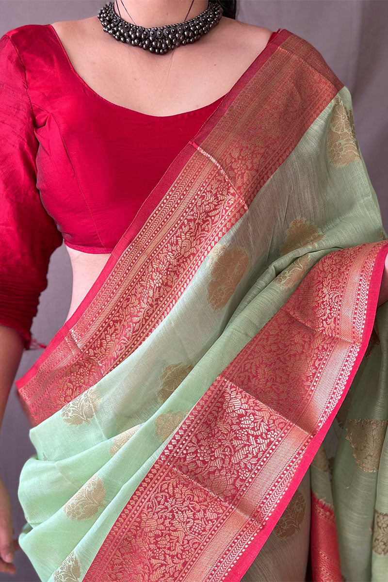 Luminous Pista Cotton Silk Saree With Embellished Blouse Piece