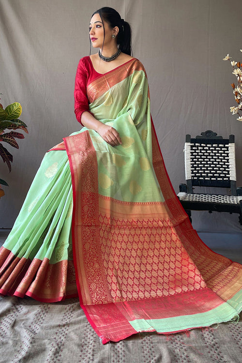 Load image into Gallery viewer, Luminous Pista Cotton Silk Saree With Embellished Blouse Piece
