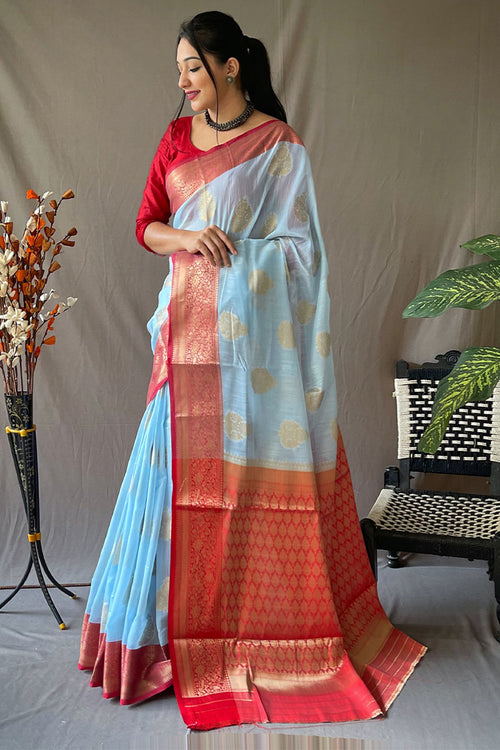 Load image into Gallery viewer, Mellifluous Sky Cotton Silk Saree With Verdant Blouse Piece
