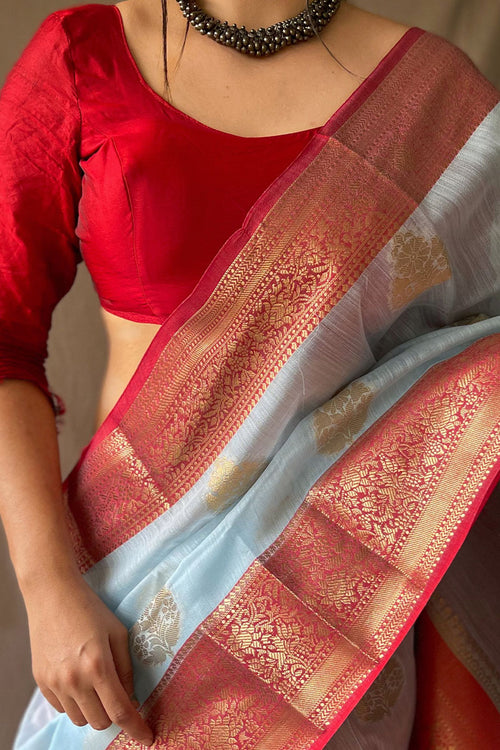 Load image into Gallery viewer, Mellifluous Sky Cotton Silk Saree With Verdant Blouse Piece
