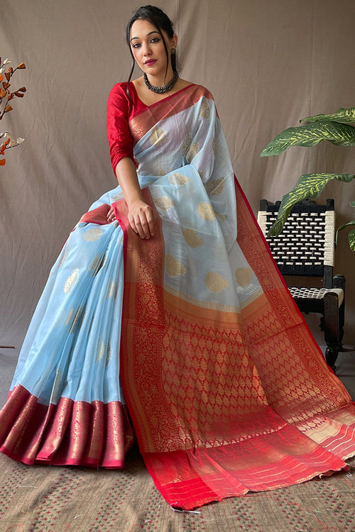 Load image into Gallery viewer, Mellifluous Sky Cotton Silk Saree With Verdant Blouse Piece
