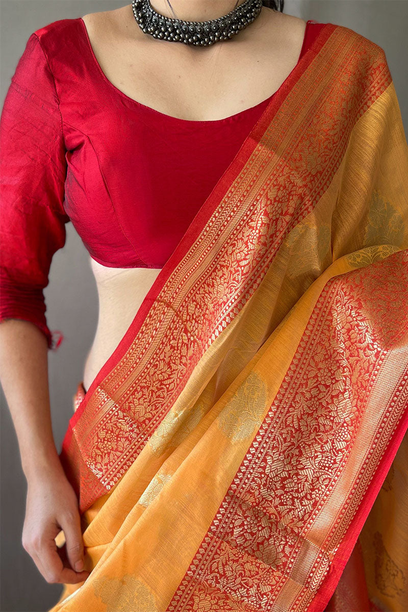 Eclat Yellow Cotton Silk Saree With Ethereal Blouse Piece