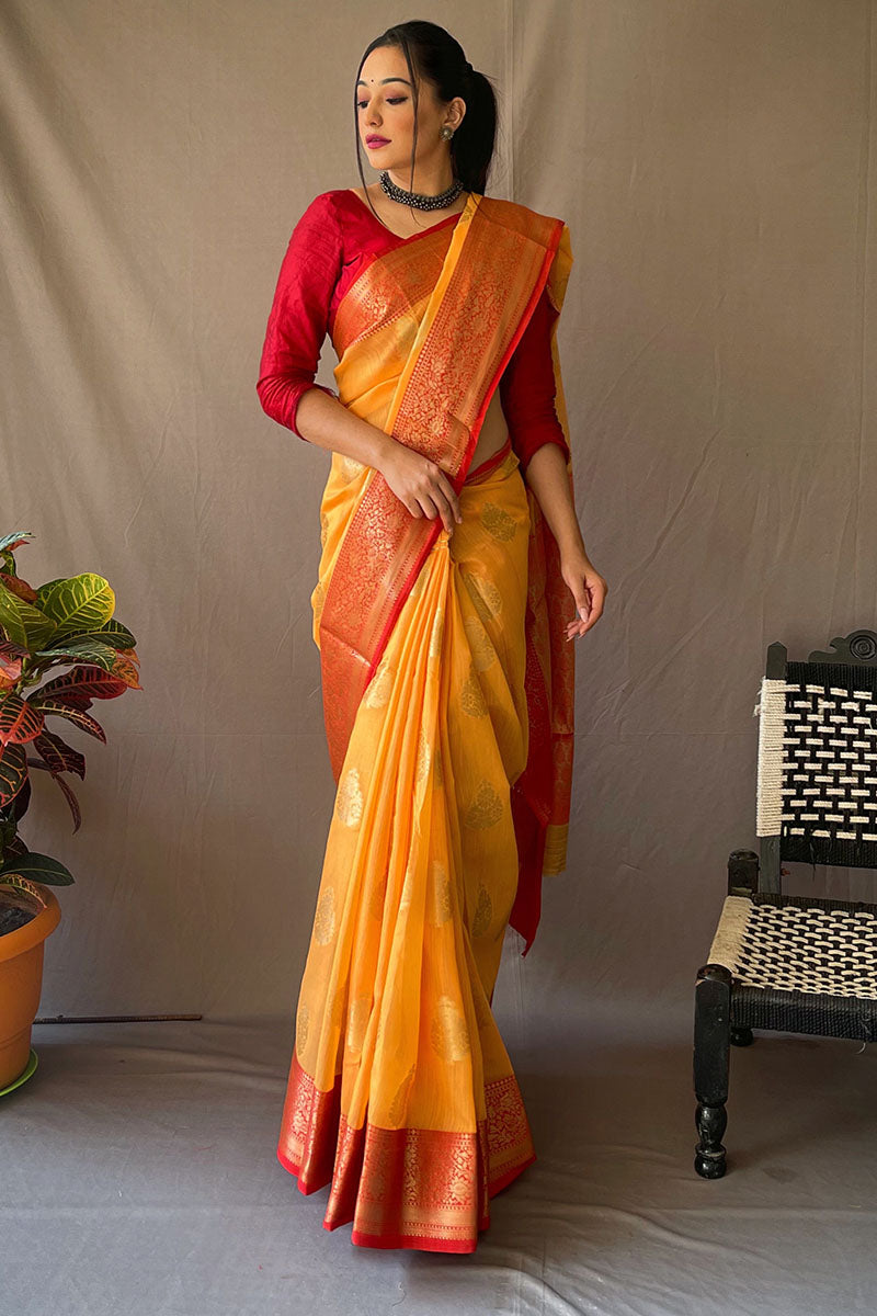 Eclat Yellow Cotton Silk Saree With Ethereal Blouse Piece