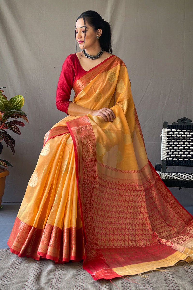 Eclat Yellow Cotton Silk Saree With Ethereal Blouse Piece