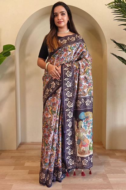 Incredible Lavender Kalamkari Printed Saree With Enamoring Blouse Piece