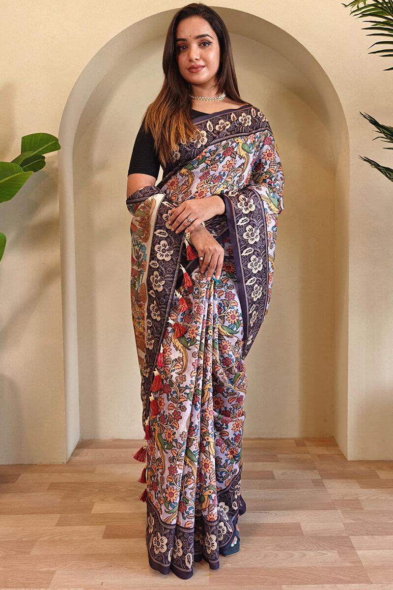 Incredible Lavender Kalamkari Printed Saree With Enamoring Blouse Piece