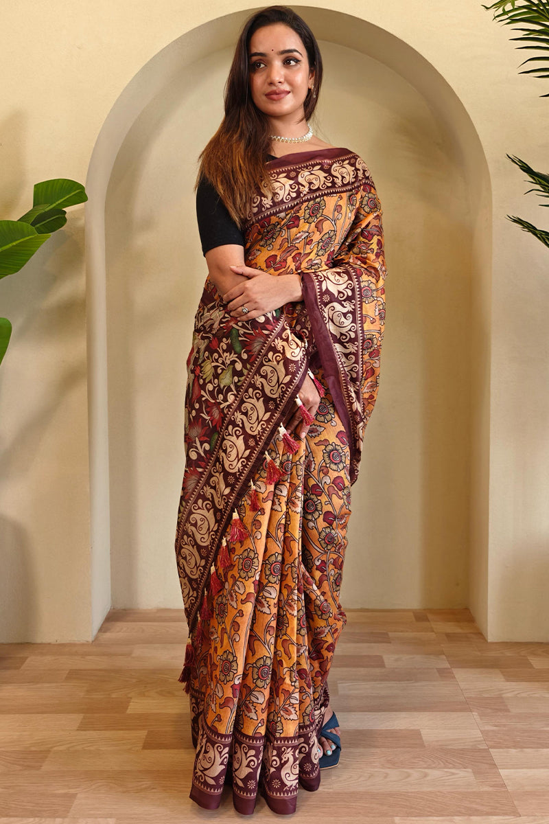 Allure Mustard Kalamkari Printed Saree With Desultory Blouse Piece