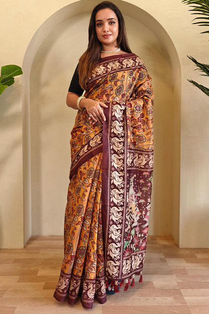 Allure Mustard Kalamkari Printed Saree With Desultory Blouse Piece