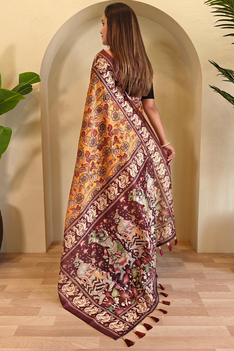 Allure Mustard Kalamkari Printed Saree With Desultory Blouse Piece