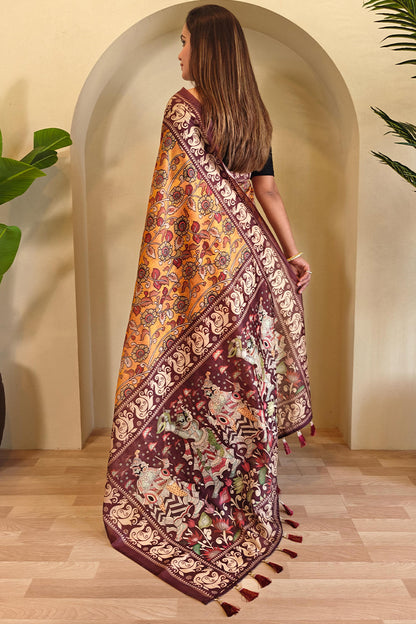 Allure Mustard Kalamkari Printed Saree With Desultory Blouse Piece