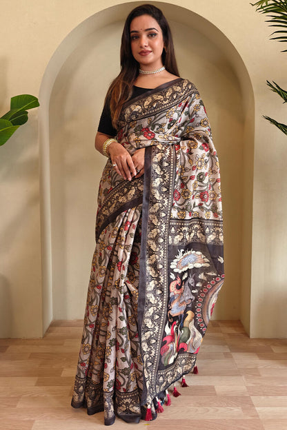 Scrumptious Off White Kalamkari Printed Saree With Scintillating Blouse Piece