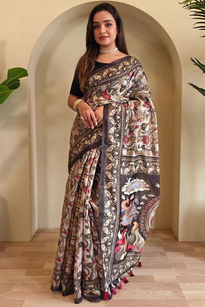 Scrumptious Off White Kalamkari Printed Saree With Scintillating Blouse Piece