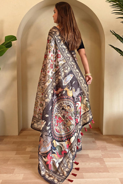 Scrumptious Off White Kalamkari Printed Saree With Scintillating Blouse Piece