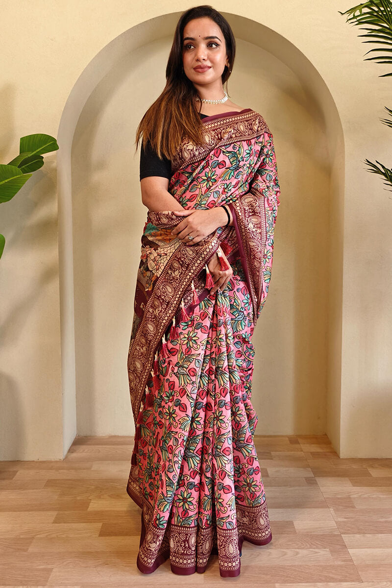 Admirable Pink Kalamkari Printed Saree With Stunner Blouse Piece