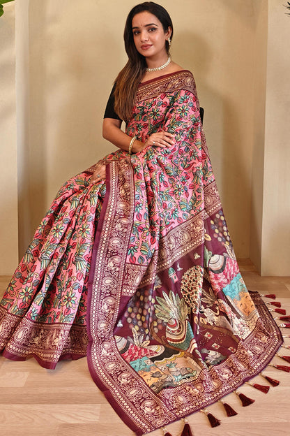 Admirable Pink Kalamkari Printed Saree With Stunner Blouse Piece