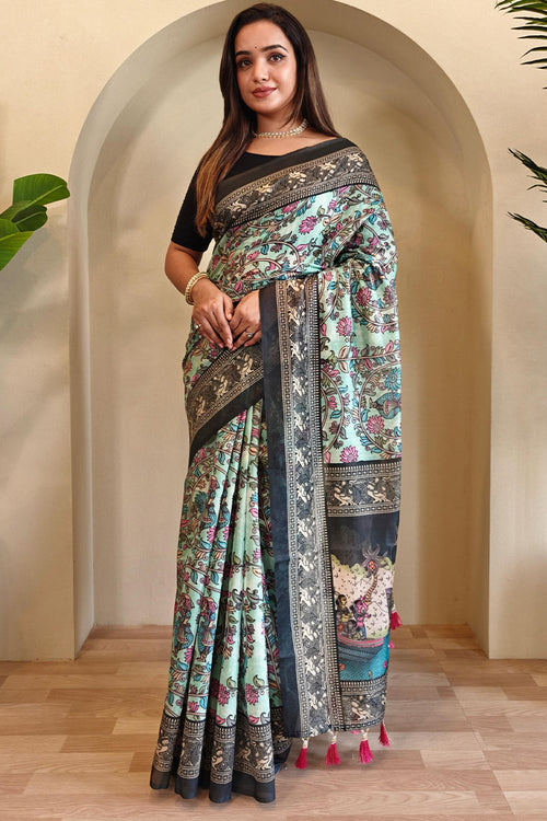 Load image into Gallery viewer, Nectarous Sky Kalamkari Printed Saree With Incomparable Blouse Piece
