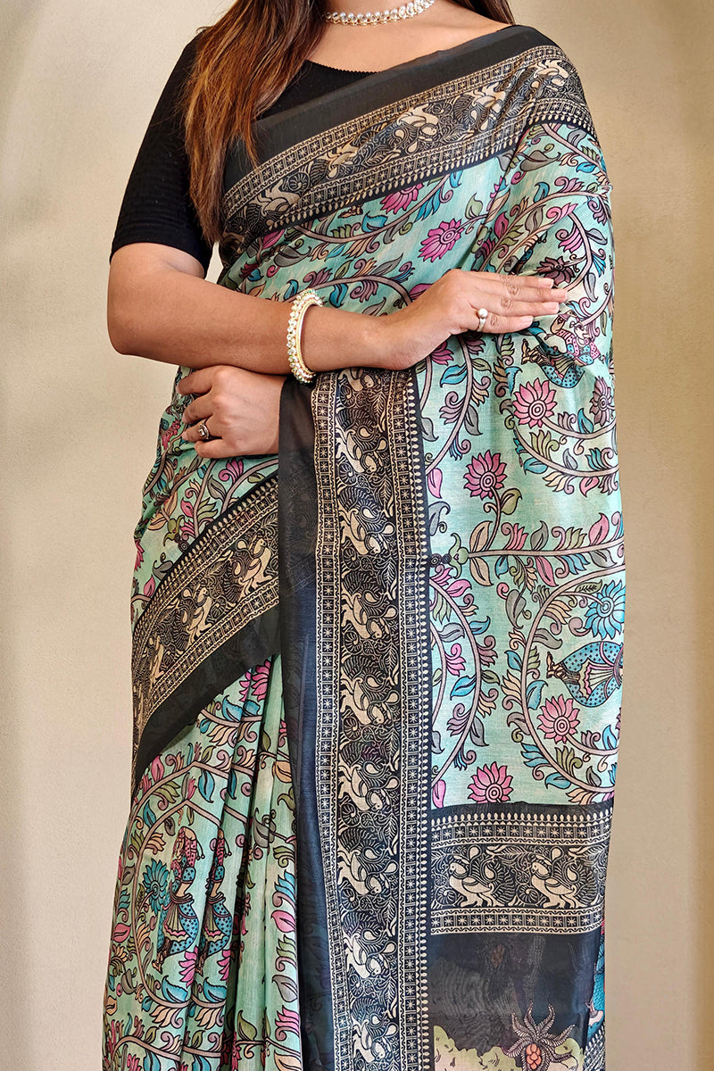 Nectarous Sky Kalamkari Printed Saree With Incomparable Blouse Piece