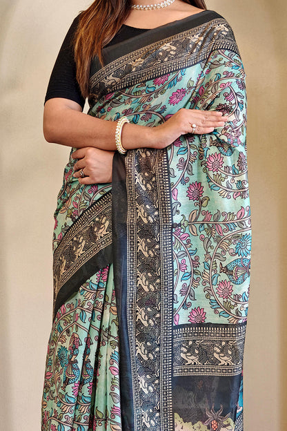 Nectarous Sky Kalamkari Printed Saree With Incomparable Blouse Piece