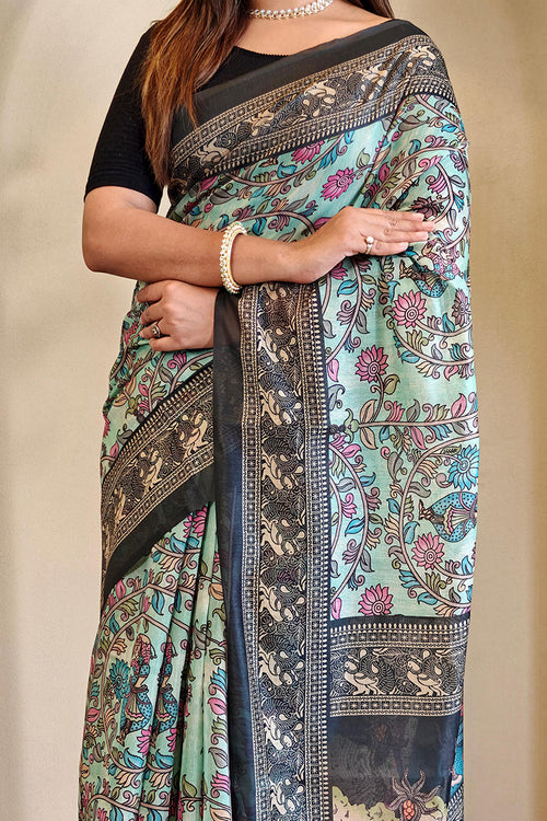 Load image into Gallery viewer, Nectarous Sky Kalamkari Printed Saree With Incomparable Blouse Piece
