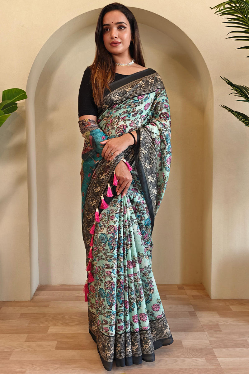 Nectarous Sky Kalamkari Printed Saree With Incomparable Blouse Piece