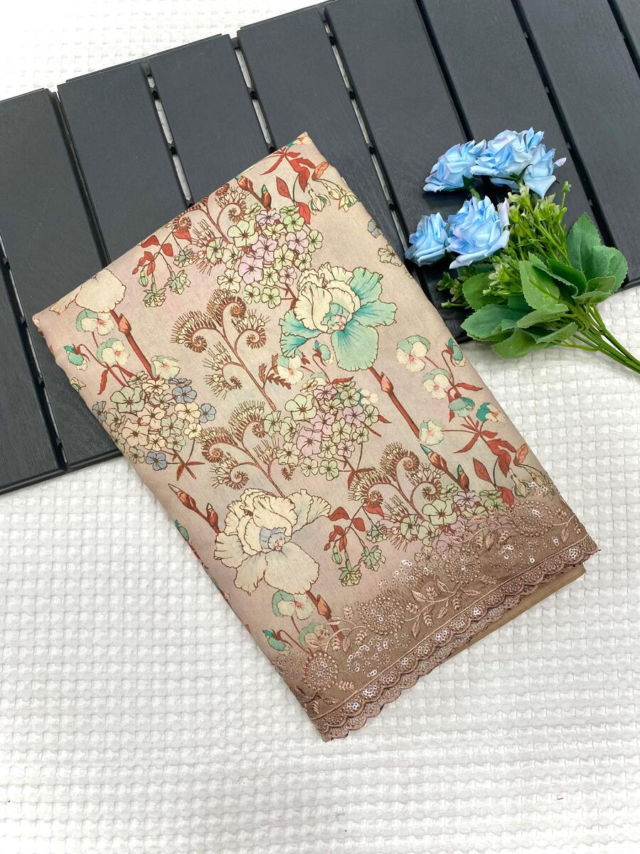 Desultory Brown Embroidery Work Tussar Silk Saree With Innovative Blouse Piece