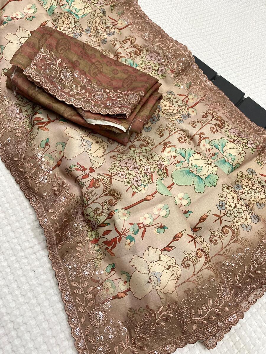 Desultory Brown Embroidery Work Tussar Silk Saree With Innovative Blouse Piece