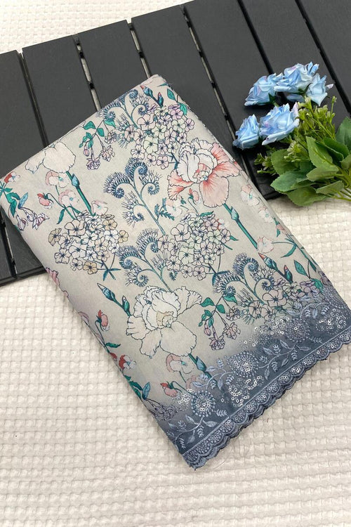 Load image into Gallery viewer, Designer Grey Embroidery Work Tussar Silk Saree With Stylish Blouse Piece
