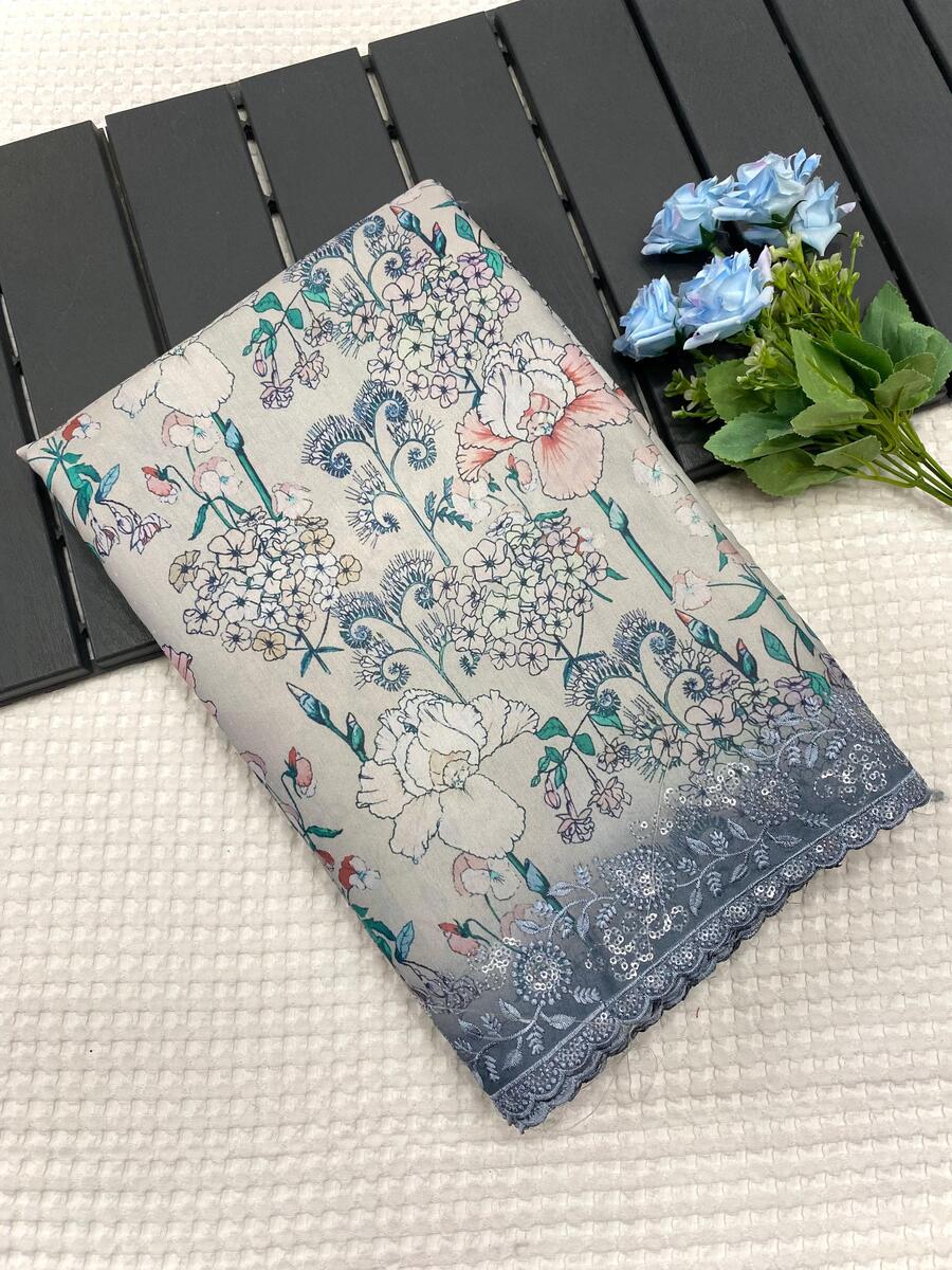 Designer Grey Embroidery Work Tussar Silk Saree With Stylish Blouse Piece