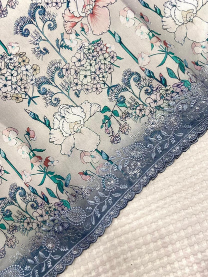 Designer Grey Embroidery Work Tussar Silk Saree With Stylish Blouse Piece