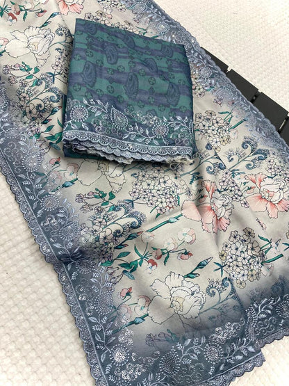 Designer Grey Embroidery Work Tussar Silk Saree With Stylish Blouse Piece