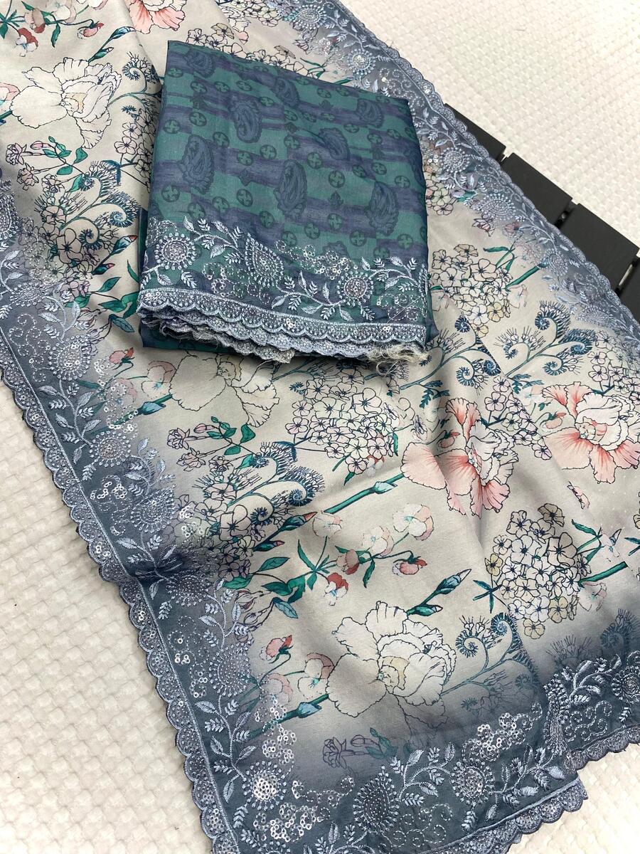 Designer Grey Embroidery Work Tussar Silk Saree With Stylish Blouse Piece