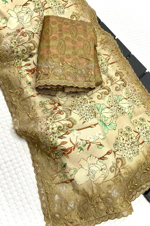 Load image into Gallery viewer, Elaborate Mustard Embroidery Work Tussar Silk Saree With Preferable Blouse Piece
