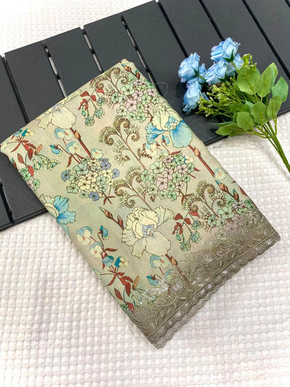 Prodigal Pista Embroidery Work Tussar Silk Saree With Gratifying Blouse Piece