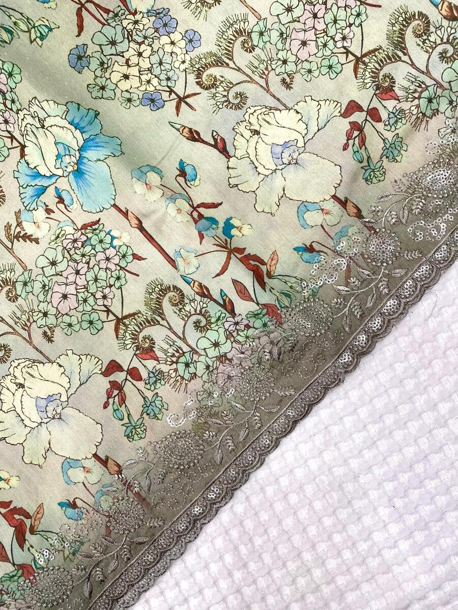 Prodigal Pista Embroidery Work Tussar Silk Saree With Gratifying Blouse Piece