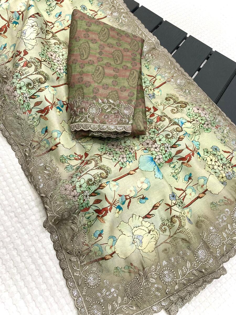 Prodigal Pista Embroidery Work Tussar Silk Saree With Gratifying Blouse Piece