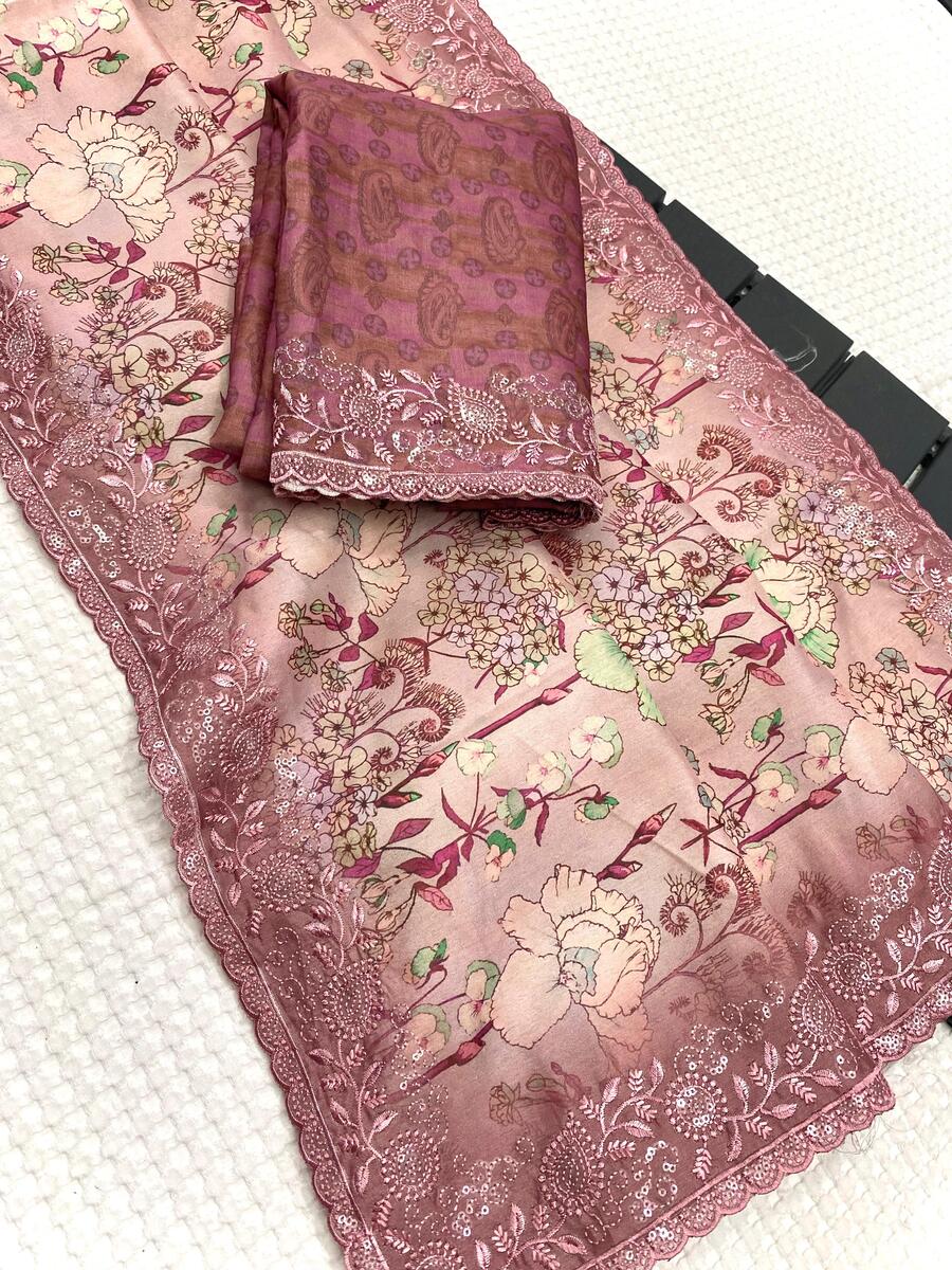Cynosure Wine Embroidery Work Tussar Silk Saree With Flaunt Blouse Piece