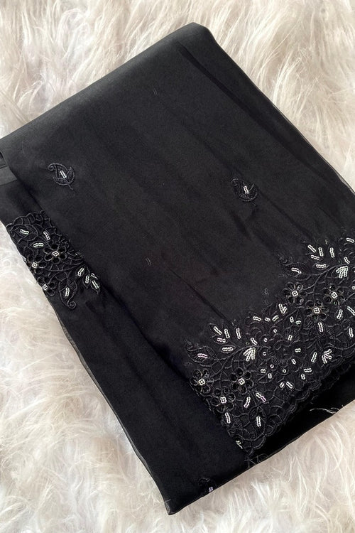 Load image into Gallery viewer, Flamboyant Black Embroidery Work Organza Silk Saree With Fancifull Blouse Piece
