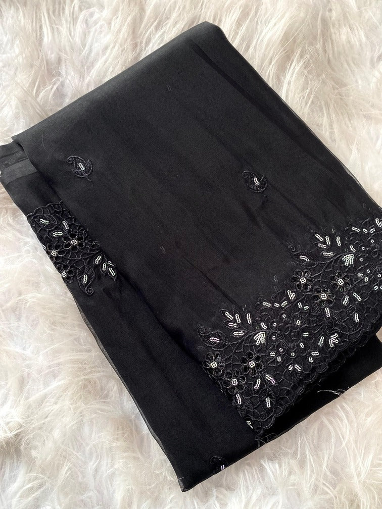 Flamboyant Black Embroidery Work Organza Silk Saree With Fancifull Blouse Piece