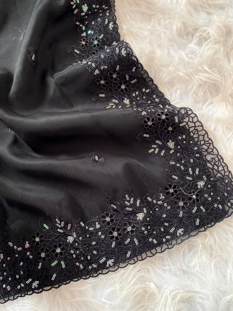 Flamboyant Black Embroidery Work Organza Silk Saree With Fancifull Blouse Piece