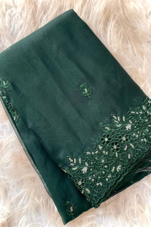 Load image into Gallery viewer, Beautiful Dark Green Embroidery Work Organza Silk Saree With Deserving Blouse Piece
