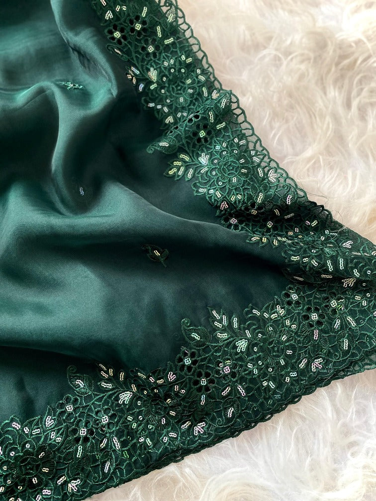 Beautiful Dark Green Embroidery Work Organza Silk Saree With Deserving Blouse Piece