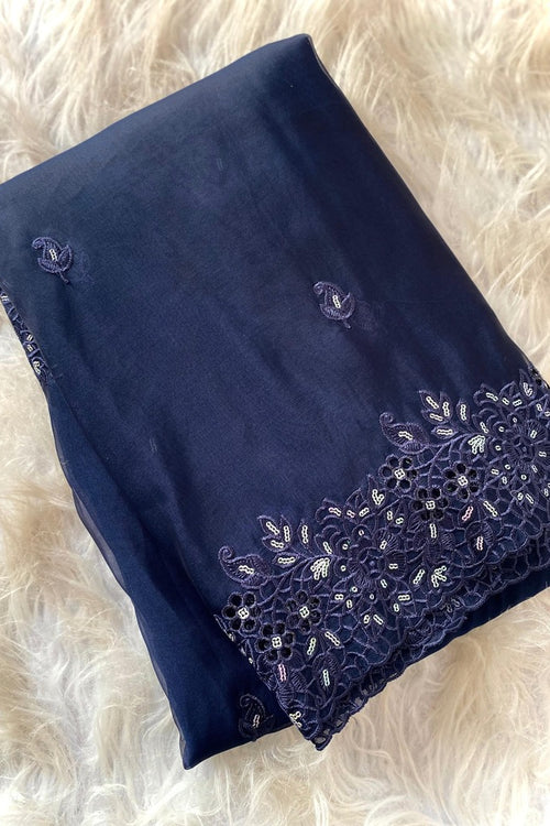 Load image into Gallery viewer, Engrossing Navy Blue Embroidery Work Organza Silk Saree With Preferable Blouse Piece
