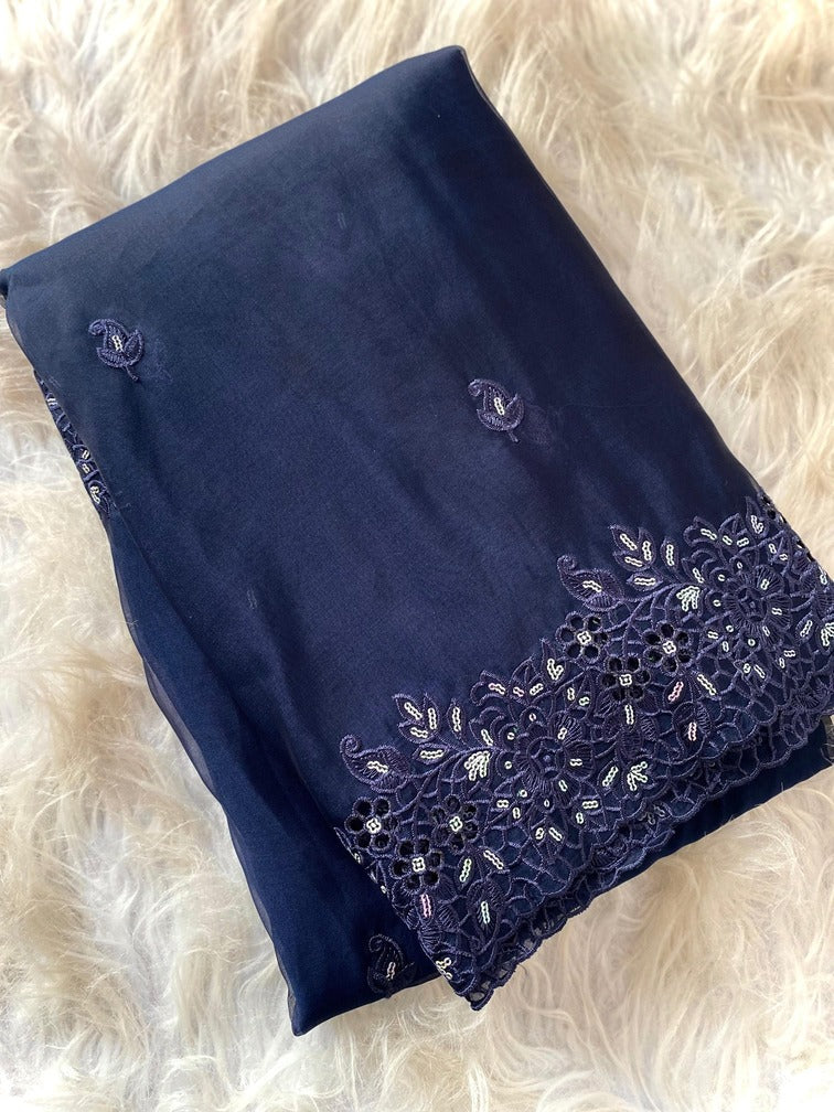 Engrossing Navy Blue Embroidery Work Organza Silk Saree With Preferable Blouse Piece