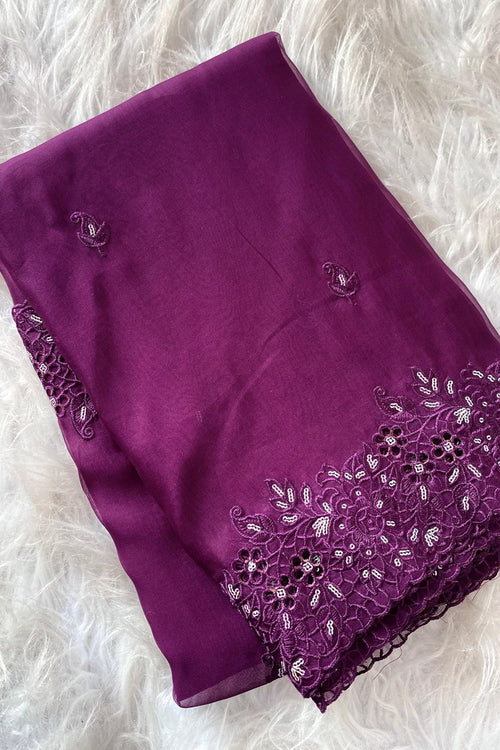 Load image into Gallery viewer, Enticing Purple Embroidery Work Organza Silk Saree With Demesne Blouse Piece
